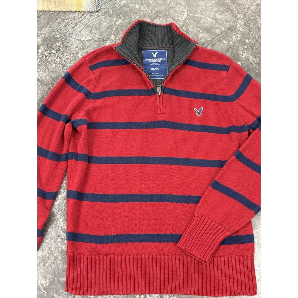 Vintage Y2K Men's American Eagle Rugby Sweater XL Red Blue Stripe 1/4 Zip Preppy